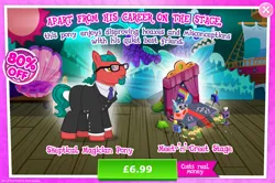 Size: 1952x1296 | Tagged: safe, derpibooru import, official, penn jillette, earth pony, pony, advertisement, background character, background pony, beard, bush, camera, clothes, costs real money, counterparts, curtains, english, facial hair, gameloft, glasses, image, jpeg, male, necktie, numbers, pants, photo, sale, solo, solo focus, stallion, suit, text