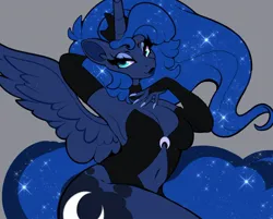Size: 1080x869 | Tagged: suggestive, artist:necromeowncer, derpibooru import, princess luna, alicorn, anthro, bedroom eyes, belly button, breasts, busty princess luna, cleavage, clothes, cutie mark, ethereal mane, evening gloves, gloves, image, jewelry, jpeg, lidded eyes, lingerie, lips, lipstick, long gloves, looking at you, raised arm, solo, spread wings, starry mane, tiara, wavy mane, wings