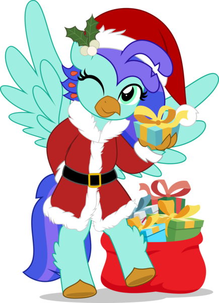 Size: 3626x5000 | Tagged: safe, artist:jhayarr23, derpibooru import, oc, oc:sea lilly, unofficial characters only, classical hippogriff, hippogriff, bag, bipedal, christmas, clothes, commission, costume, cute, hat, holding, holiday, image, looking at you, ocbetes, one eye closed, png, present, santa costume, santa hat, simple background, transparent background, wink, winking at you, ych result