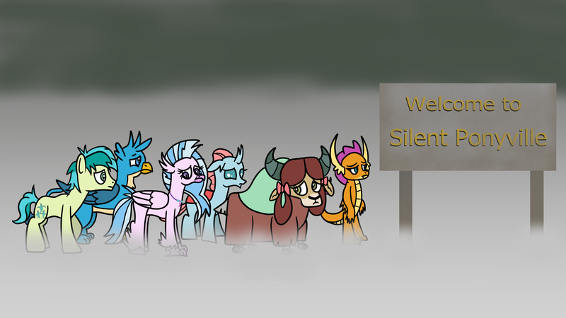 Size: 1920x1080 | Tagged: safe, artist:platinumdrop, derpibooru import, gallus, ocellus, sandbar, silverstream, smolder, yona, changedling, changeling, classical hippogriff, dragon, earth pony, gryphon, hippogriff, pony, yak, fanfic:silent ponyville, fog, image, implied harry mason, implied pyramid head, konami, png, request, silent hill, student six, worried