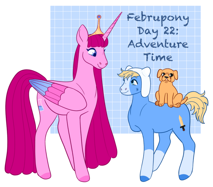 Size: 1280x1124 | Tagged: safe, artist:s0ftserve, derpibooru import, ponified, alicorn, dog, pony, adventure time, amputee, crossover, februpony, finn the human, image, jake the dog, looking at each other, png, princess bubblegum