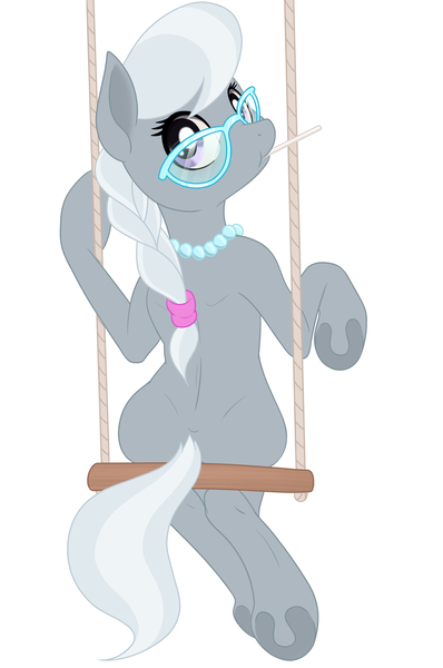 Size: 3240x4880 | Tagged: safe, artist:navanastra, derpibooru import, silver spoon, pony, braid, female, filly, foal, glasses, image, jpeg, looking at you, looking back, looking back at you, mare, simple background, swing