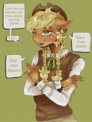 Size: 1240x1648 | Tagged: safe, artist:brot-art, derpibooru import, applejack, anthro, earth pony, braided ponytail, clothes, ear piercing, earring, element of honesty, female, green eyes, image, jewelry, jpeg, lesbian, monologue, piercing, simple background, social justice warrior, talking