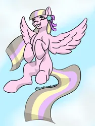 Size: 2250x3000 | Tagged: safe, artist:soundwavedragon, derpibooru import, oc, oc:petal twinkle, pegasus, cel shading, digital art, flying, hair accessory, hooves together, image, looking at you, open mouth, png, shading, signature, simple background, sky, smiling, smiling at you, solo, spread legs, spread wings, spreading, wings