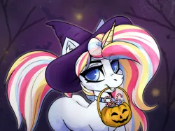 Size: 2127x1594 | Tagged: safe, artist:dushnila, derpibooru import, oc, pony, unicorn, accessories, blue eyes, clothes, collar, costume, halloween, halloween costume, hat, holiday, image, png, solo