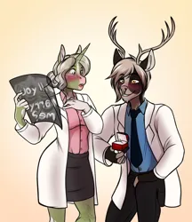 Size: 2880x3331 | Tagged: safe, artist:blackblood-queen, derpibooru import, oc, oc:caine, oc:fern evergreen, unofficial characters only, anthro, deer, pony, unguligrade anthro, unicorn, anthro oc, antlers, cainergreen, clothes, commission, couple, deer oc, digital art, doctor, engagement ring, female, hair bun, horn, image, interspecies, kneeling, male, mare, marriage proposal, necktie, non-pony oc, oc x oc, png, shipping, smiling, straight, surprised, unicorn oc, x-ray