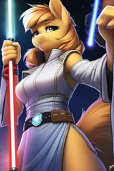 Size: 512x768 | Tagged: safe, derpibooru import, machine learning generated, anthro, pony, female, image, jedi, lightsaber, mare, my little pony, png, solo, star wars, weapon