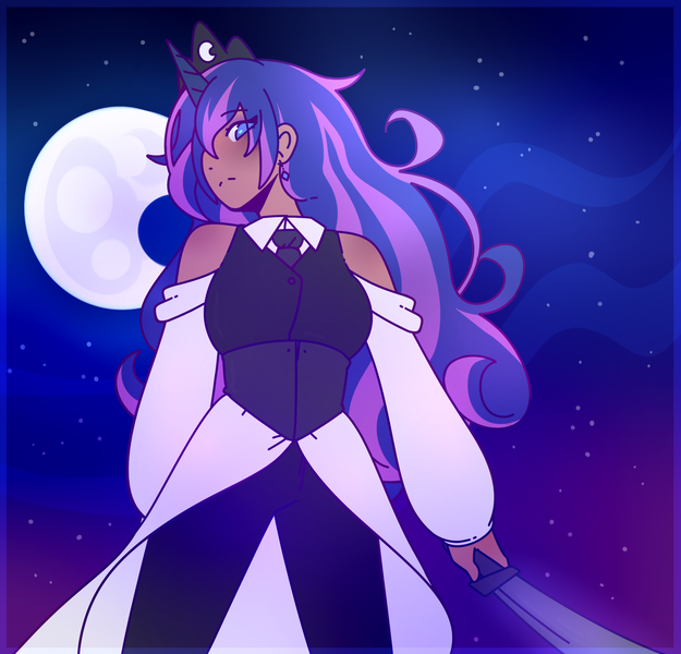 Size: 2500x2400 | Tagged: safe, artist:fuzzystarart, derpibooru import, princess luna, human, blue eyes, clothes, crown, cute, cyan eyes, dress, gift art, horn, horned humanization, humanized, image, jewelry, long hair, moon, night, night sky, png, regalia, sky, solo, staring at you, suit, sword, tuxedo, weapon