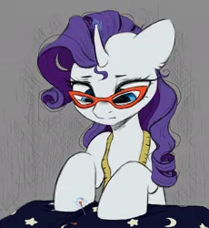 Size: 955x1038 | Tagged: safe, artist:melodylibris, derpibooru import, rarity, pony, unicorn, bust, female, glasses, image, jpeg, looking at something, looking down, mare, measuring tape, messy mane, needle, rarity's glasses, solo