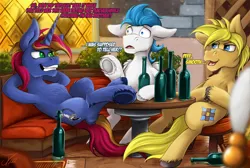 Size: 1750x1173 | Tagged: safe, artist:jamescorck, derpibooru import, oc, oc:dreamy daze, oc:flicker feather, oc:stable reins, unofficial characters only, alcohol, beer bottle, bottle, hooves up, image, implied princess celestia, implied shining armor, implied shipping, male, png, pub, table, trio, trio male, unshorn fetlocks