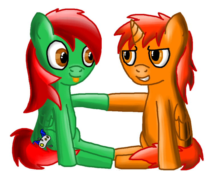 Size: 1347x1101 | Tagged: safe, artist:mudkip91/tetrahedron, derpibooru import, oc, oc:prince nick, oc:tetrahedron, unofficial characters only, pegasus, pony, derpibooru community collaboration, 2023 community collab, :p, cutie mark, dracony alicorn, hoofbump, image, lighting, png, shading, simple background, sitting, smiling, smug, tail, tail wrap, tongue out, transparent background