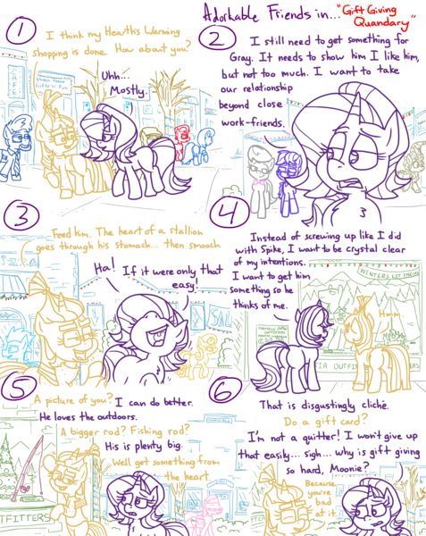 Size: 4779x6013 | Tagged: safe, artist:adorkabletwilightandfriends, derpibooru import, aloe, bon bon, moondancer, octavia melody, soarin', starlight glimmer, sweetie drops, oc, oc:lawrence, oc:pastor paul, oc:rachel, kirin, pony, unicorn, comic:adorkable twilight and friends, adorkable, adorkable twilight, busy, butt, campfire, christmas, christmas lights, clothes, comic, cute, decoration, dork, downtown, eyebrows, female, fishing rod, friendship, glases, glasses, glimmer glutes, hanging out, happy, hat, hearth's warming, holiday, image, laughing, lights, mare, missing cutie mark, mooningdancer, nostrils, plot, png, ponyville, public, santa hat, shopping, sidewalk, signs, slice of life, smiling, store, sweater, tent, walking, window, winter