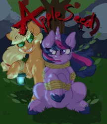 Size: 1001x1158 | Tagged: safe, artist:darkwatertopaz, derpibooru import, applejack, twilight sparkle, twilight sparkle (alicorn), alicorn, earth pony, pony, fanfic:appleseed, bondage, crazy grin, crying, duo, fanfic art, female, image, png, rope, rope bondage, this will end in death