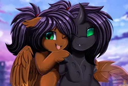 Size: 3031x2040 | Tagged: safe, artist:pridark, derpibooru import, oc, unofficial characters only, changeling, hybrid, pony, changeling oc, duo, image, pegabat, png