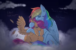 Size: 3000x2000 | Tagged: safe, artist:htotnesnahac, derpibooru import, rainbow dash, scootaloo, pegasus, pony, cloud, comforting, crying, duo, duo female, female, filly, foal, image, mare, png