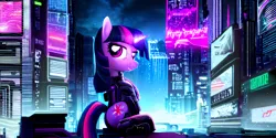 Size: 4096x2048 | Tagged: safe, derpibooru import, edit, machine learning generated, stable diffusion, twilight sparkle, cyborg, pony, unicorn, city, cyberpunk, derpibooru exclusive, female, image, neon, night, png, solo, upscaled, wallpaper, widescreen