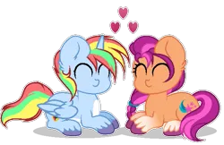 Size: 589x382 | Tagged: safe, artist:existencecosmos188, derpibooru import, sunny starscout, oc, oc:shield wing, alicorn, earth pony, pony, alicorn oc, base used, canon x oc, duo, eyes closed, g5, horn, image, male, png, simple background, stallion, transparent background, unshorn fetlocks, wings