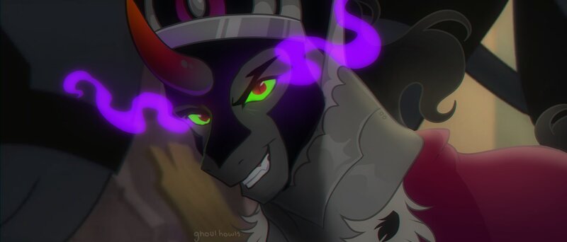 Size: 2000x854 | Tagged: safe, artist:ghoulhowls, derpibooru import, edit, edited screencap, screencap, king sombra, pony, unicorn, my little pony: the movie, character swap, clothes, fangs, image, jewelry, jpeg, looking at you, male, open mouth, regalia, smiling, smirk, sombra eyes, stallion, stupid sexy sombra, the crystal empire 10th anniversary