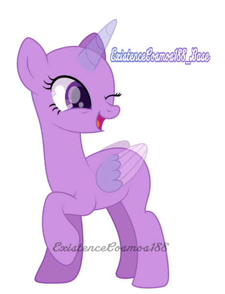 Size: 1280x1671 | Tagged: safe, artist:existencecosmos188, derpibooru import, oc, unofficial characters only, alicorn, pony, alicorn oc, bald, base, eyelashes, female, horn, image, looking back, mare, one eye closed, png, raised hoof, simple background, smiling, solo, transparent background, wings, wink
