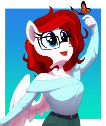 Size: 1620x1920 | Tagged: safe, artist:whitequartztheartist, derpibooru import, oc, anthro, butterfly, insect, pegasus, pony, anthro oc, image, png, simple background, solo