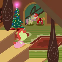 Size: 2160x2160 | Tagged: safe, anonymous artist, derpibooru import, big macintosh, fluttershy, oc, oc:late riser, earth pony, pegasus, pony, series:fm holidays, series:hearth's warming advent calendar 2022, advent calendar, animal costume, baby, baby pony, bell, bell collar, christmas, christmas tree, clothes, collar, colt, costume, eyes closed, fake antlers, fake beard, female, fluttermac, fluttershy's cottage, foal, hat, high res, holiday, image, kissing, lineless, male, mare, mistletoe, offspring, pajamas, parent:big macintosh, parent:fluttershy, parents:fluttermac, png, pointy ponies, red nose, reindeer costume, santa costume, santa hat, shipping, stairs, stallion, straight, tree, watching