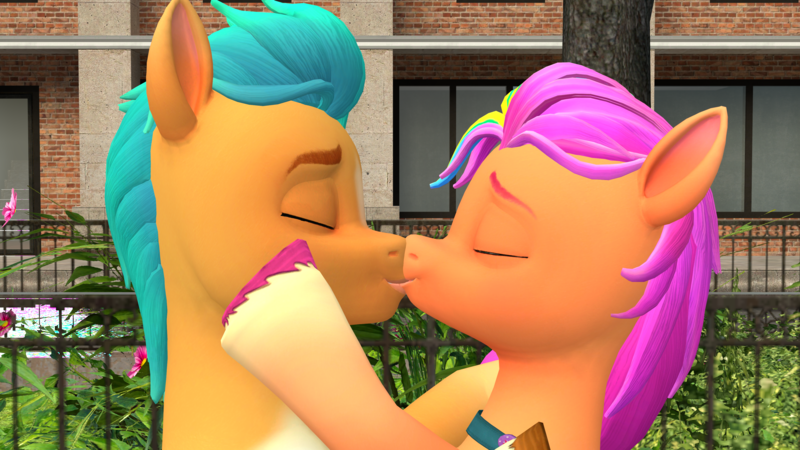 Size: 3840x2160 | Tagged: safe, artist:andrescortez7, derpibooru import, hitch trailblazer, sunny starscout, earth pony, pony, 3d, duo, female, g5, image, kissing, male, mare, png, shipping, source filmmaker, stallion, straight, sunnyhitch