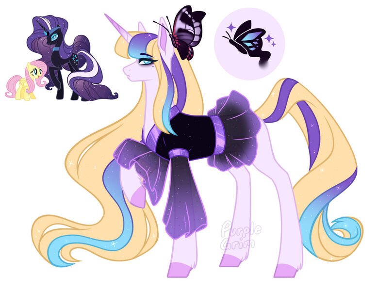 Size: 1024x789 | Tagged: safe, artist:purplegrim40, derpibooru import, fluttershy, nightmare rarity, oc, butterfly, insect, pegasus, pony, unicorn, clothes, dress, female, image, jpeg, magical lesbian spawn, mare, offspring, parent:fluttershy, parent:nightmare rarity, parent:rarity, parents:flarity, simple background, white background