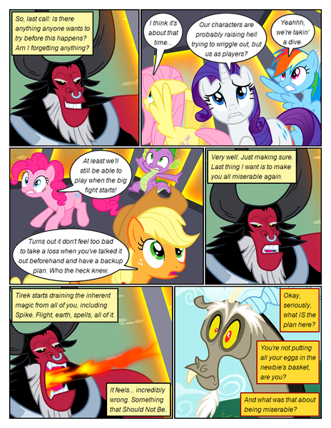 Size: 612x792 | Tagged: safe, artist:newbiespud, derpibooru import, edit, edited screencap, screencap, applejack, discord, fluttershy, lord tirek, pinkie pie, rainbow dash, rarity, spike, centaur, draconequus, dragon, earth pony, pegasus, pony, taur, unicorn, comic:friendship is dragons, twilight's kingdom, cage, comic, dialogue, eyelashes, female, image, male, mare, outdoors, png