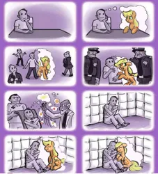 Size: 606x668 | Tagged: safe, artist:applepost67, derpibooru import, applejack, earth pony, human, pony, comic, doctor, image, imagination, insanity, jail, png, police, thinking, thought bubble, tulpa