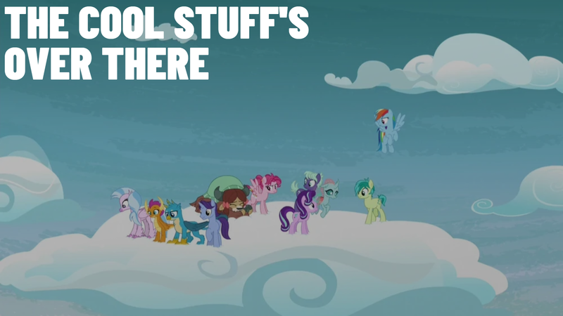 Size: 1920x1080 | Tagged: safe, derpibooru import, edit, edited screencap, editor:quoterific, screencap, gallus, november rain, ocellus, rainbow dash, sandbar, silverstream, smolder, starlight glimmer, yona, school raze, friendship student, image, png, student six