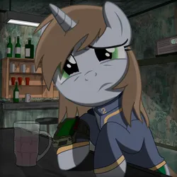 Size: 2000x2000 | Tagged: safe, artist:dddromm, derpibooru import, oc, oc:littlepip, unofficial characters only, pony, unicorn, fallout equestria, bottle, clothes, female, image, jumpsuit, mare, pipbuck, png, radio, sad, sitting, solo, tavern, teary eyes, vault suit