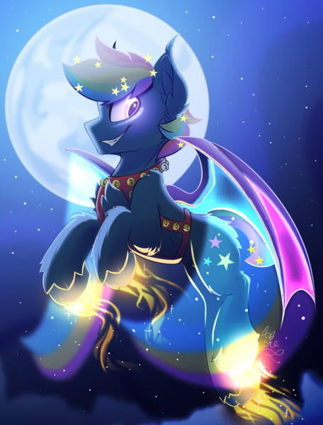 Size: 1900x2500 | Tagged: safe, artist:starcasteclipse, derpibooru import, oc, unofficial characters only, bat pony, pony, commission, flying, grin, harness, image, jingle bells, png, smiling, tack, ych result