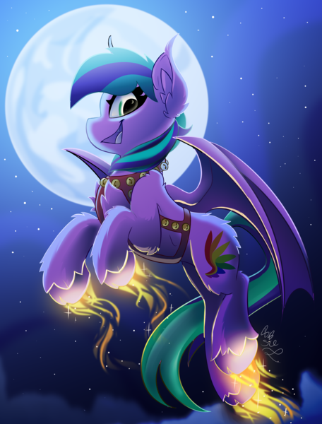 Size: 1900x2500 | Tagged: safe, artist:starcasteclipse, derpibooru import, oc, unofficial characters only, bat pony, pony, commission, flying, harness, image, jingle bells, open mouth, open smile, png, smiling, tack, ych result