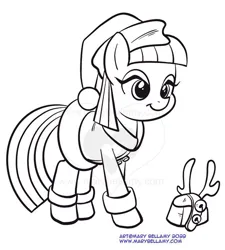Size: 541x600 | Tagged: safe, artist:marybellamy, derpibooru import, boulder (pet), maud pie, antlers, christmas, clothes, costume, cute, hat, holiday, image, jpeg, lineart, patreon, patreon reward, reindeer antlers, santa costume, santa hat, simple background, smiling, white background
