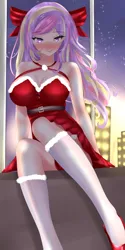 Size: 1920x3847 | Tagged: suggestive, derpibooru import, princess cadance, human, belt buckle, blushing, bow, breasts, busty princess cadance, christmas, city, cleavage, clothes, costume, cutie mark on human, hair bow, hat, holiday, humanized, image, looking at you, png, red dress, red shoes, santa costume, santa hat, shadow, sitting, skyline, smiling, smiling at you, socks, stars, stockings, thigh highs, white stockings