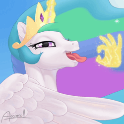 Size: 750x750 | Tagged: suggestive, artist:arareroll, derpibooru import, princess celestia, alicorn, pony, animated, blinking, eyelashes, female, image, implied blowjob, implied oral, implied sex, innuendo, jewelry, looking at you, magic, mare, regalia, solo, tongue out, webm