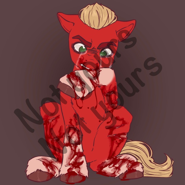 Size: 2800x2800 | Tagged: artist needed, grimdark, derpibooru import, sprout cloverleaf, earth pony, pony, my little pony: a new generation, biting, bleeding, blonde, blonde hair, blonde mane, blonde tail, blood, coat markings, colored hooves, commission, crying, floppy ears, g5, green eyes, high res, hooves, image, injured, jpeg, male, obtrusive watermark, raised hoof, red fur, self harm, sitting, socks (coat marking), solo, stallion, tail, tears of pain, vent art, watermark, wavy hair, wavy mane, wavy tail