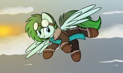 Size: 3000x1792 | Tagged: safe, artist:aaathebap, derpibooru import, oc, oc:gryph xander, unofficial characters only, clothes, cute, flying, goggles, goggles on head, image, png, scarf, sky