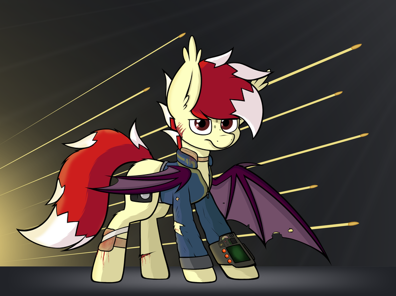 Size: 2571x1920 | Tagged: safe, artist:aaathebap, derpibooru import, oc, oc:aaaaaaaaaaa, unofficial characters only, bat pony, fallout equestria, bandage, bleeding, blood, clothes, cut, fallout, image, jumpsuit, looking at you, pipbuck, png, solo, vault suit