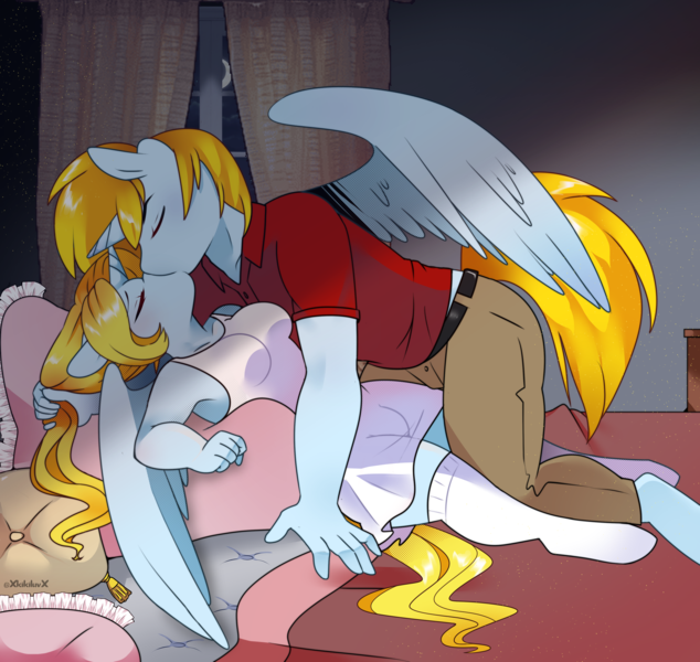 Size: 3552x3361 | Tagged: safe, artist:kikiluv, derpibooru import, oc, oc:graceful charity, oc:gregorius, alicorn, anthro, unguligrade anthro, alicorn oc, bed, bedsheets, clothes, commission, crotch bulge, derpibooru exclusive, detailed background, dickgirl, dress, eyes closed, female, futa, hair pulling, herm, high res, horn, horns are touching, image, intersex, kissing, kneeling, lying down, making out, male, male on herm, night, oc x oc, on back, pants, passionate, pillow, png, polo shirt, rule 63, self paradox, self ponidox, selfcest, shipping, socks, spread wings, stockings, straight, sundress, thigh highs, window, wings