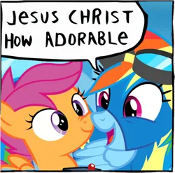 Size: 680x672 | Tagged: safe, derpibooru import, edit, edited edit, edited screencap, editor:maonyman, screencap, rainbow dash, scootaloo, pegasus, pony, parental glideance, boop, close-up, clothes, dialogue, duo, female, happy, image, jesus christ how horrifying, looking at each other, looking at someone, mare, noseboop, open mouth, png, reaction image, scootalove, scrunchy face, smiling, speech bubble, uniform, wonderbolts uniform