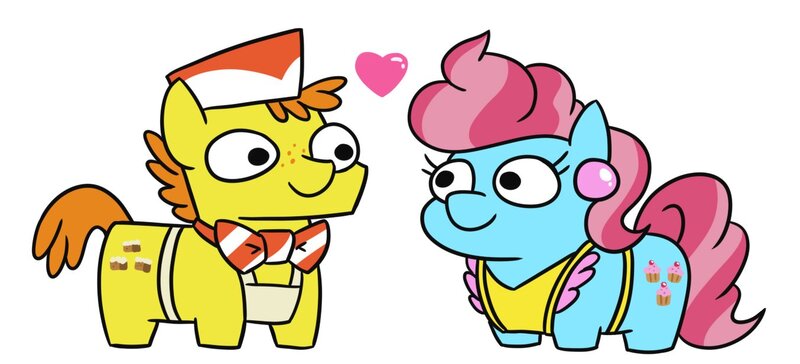 Size: 1354x616 | Tagged: safe, artist:jargon scott, derpibooru import, carrot cake, cup cake, earth pony, pony, apron, bowtie, cap, carrot cup, clothes, commission, duo, duo male and female, female, hat, heart, image, jpeg, looking at each other, looking at someone, male, mare, shipping, simple background, squatting, stallion, straight, white background