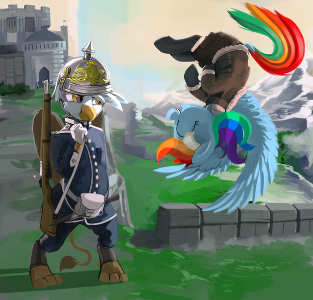 Size: 2000x1919 | Tagged: safe, artist:dimfann, gilda, rainbow dash, gryphon, pegasus, pony, annoyed, bayonet, bipedal, bomber jacket, castle, clothes, duo, female, flying, folded wings, gun, helmet, image, jacket, laughing, mare, mountain, mountain range, pickelhaube, png, pouch, rifle, royal guard, stone wall, swedish, uniform, upside down, weapon, wings