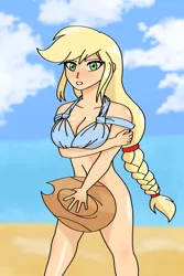 Size: 2000x3000 | Tagged: suggestive, artist:artevi, derpibooru import, applejack, human, alternate hairstyle, applejack's hat, arm under breasts, beach, blushing, boob freckles, bottomless, braid, braided ponytail, breasts, butt freckles, chest freckles, clothes, covering, covering crotch, cowboy hat, embarrassed, freckles, hat, image, looking at you, partial nudity, png, ponytail, solo