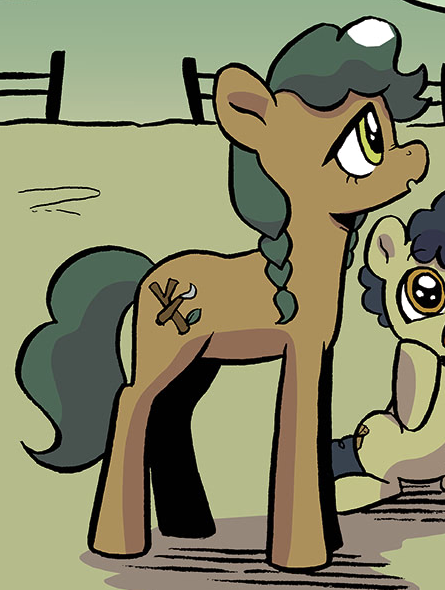 Size: 445x590 | Tagged: safe, derpibooru import, idw, pony, spoiler:comic, spoiler:comic99, acacia pie, black hair, brown coat, brown eyes, female, filly, foal, green coat, green mane, green tail, image, mare, oak pie, pie family, png, rock farm, tail, twig, yellow eyes