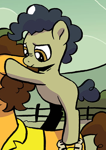 Size: 350x495 | Tagged: safe, derpibooru import, idw, cheese sandwich, earth pony, pony, spoiler:comic, spoiler:comic99, birch pie, black mane, black tail, blank flank, brown eyes, brown mane, brown tail, clothes, colt, foal, green coat, image, male, orange coat, pie family, png, shirt, tail