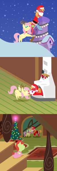 Size: 2160x6480 | Tagged: safe, anonymous artist, derpibooru import, big macintosh, fluttershy, oc, oc:late riser, earth pony, pegasus, pony, series:fm holidays, series:hearth's warming advent calendar 2022, advent calendar, animal costume, baby, baby pony, bell, bell collar, bipedal, bipedal leaning, chimney, christmas, christmas lights, christmas stocking, christmas tree, clothes, collar, colt, costume, eyes closed, fake antlers, fake beard, female, fireplace, fluttermac, fluttershy's cottage, foal, footed sleeper, footie pajamas, frown, hat, high res, holiday, image, kissing, leaning, lineless, male, mare, mistletoe, night, offspring, onesie, pajamas, parent:big macintosh, parent:fluttershy, parents:fluttermac, png, pointy ponies, pulling, red nose, reindeer costume, santa costume, santa hat, shipping, snow, snowfall, stairs, stallion, straight, stuck, tree, watching