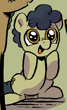 Size: 215x355 | Tagged: safe, derpibooru import, idw, cheese sandwich, earth pony, pony, spoiler:comic, spoiler:comic99, acacia pie, acorn, black mane, black tail, brown eyes, colt, comic, excited, foal, green coat, hooves on face, image, male, oak pie, png, tail