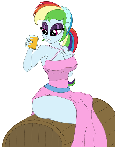 Size: 1500x1920 | Tagged: safe, alternate version, artist:roseluck, derpibooru import, rainbow dash, human, equestria girls, alternate hairstyle, bare shoulders, barrel, big breasts, breasts, bridesmaid, bridesmaid dress, busty rainbow dash, cider, cleavage, clothes, colored sketch, crossed legs, curvy, derpibooru exclusive, dress, eyeshadow, female, hand on chest, headband, holding, hourglass figure, image, keg, lidded eyes, looking at something, makeup, mug, open mouth, open smile, pencil drawing, pink dress, png, ponytail, raised arm, sash, side slit, simple background, sitting, sleeveless, sleeveless dress, smiling, solo, three quarter view, traditional art, wall of tags, white background, wide hips