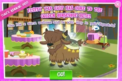 Size: 1956x1296 | Tagged: safe, derpibooru import, unnamed character, yak, background character, background yak, calf, cloven hooves, english, gameloft, hair over eyes, horn, horn ring, horns, image, jewelry, jpeg, male, mobile game, ring, text, unnamed yak, yak calf, yona's brother